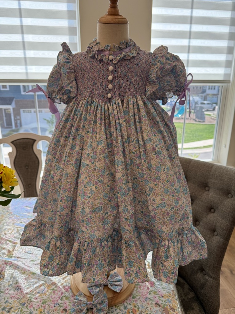 Girls Floral Smocked Puff Sleeve Dress in Lavender and Cream